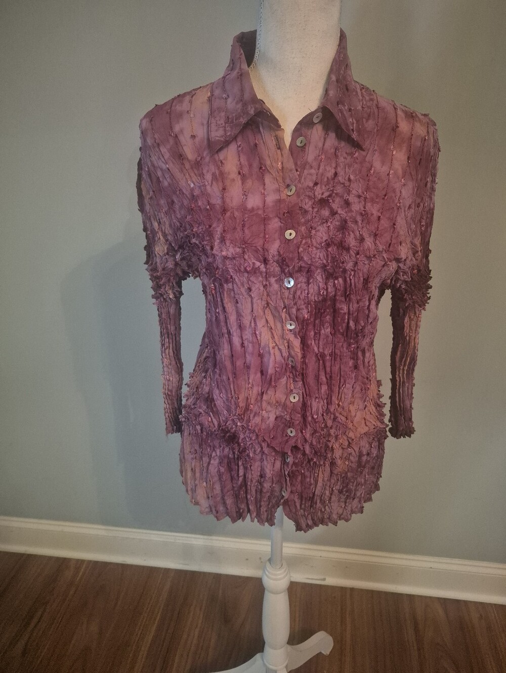 Vintage Women's Crinkled Long-Sleeve Button Front Top - Mauve Pink